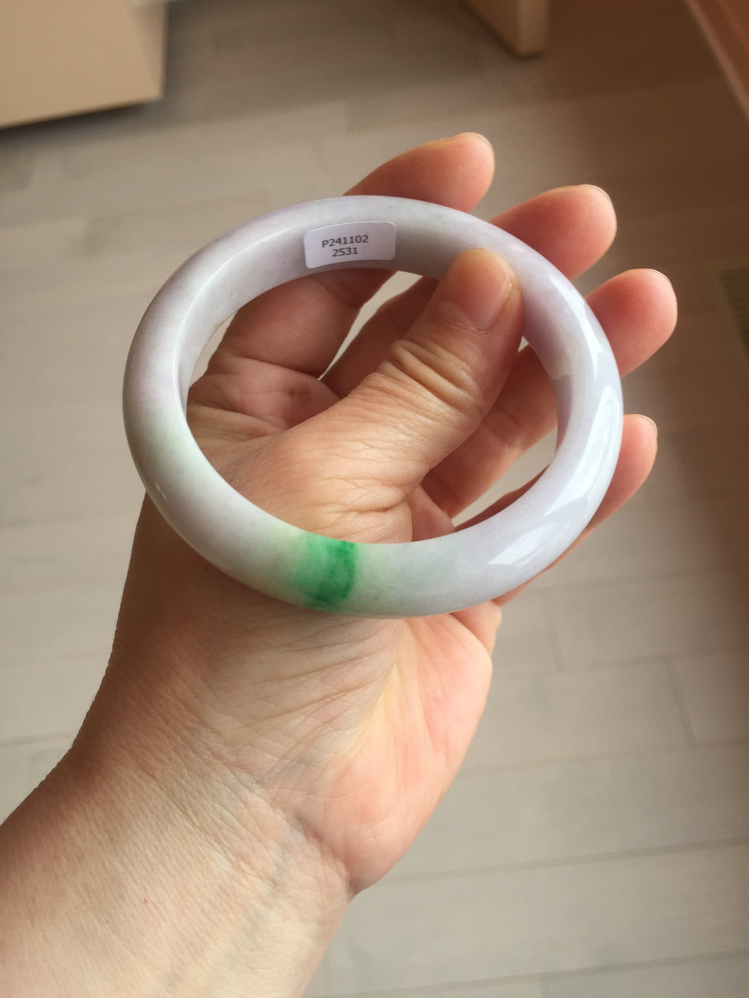 58.5mm Certified type A 100% Natural sunny green/white/purple(春带彩) Jadeite bangle BS68-2531