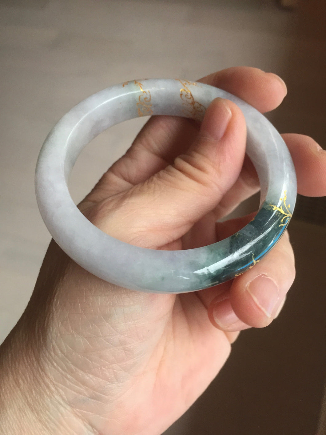 53.6mm 100% Natural type A dark green purple white carved flowers and golden-painted Jadeite Jade bangle PD92-0263
