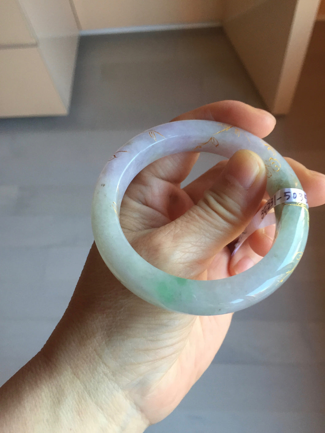 53.3mm 100% Natural type A sunny green purple brown gray white carved flowers and golden-painted Jadeite Jade bangle BG231-5035