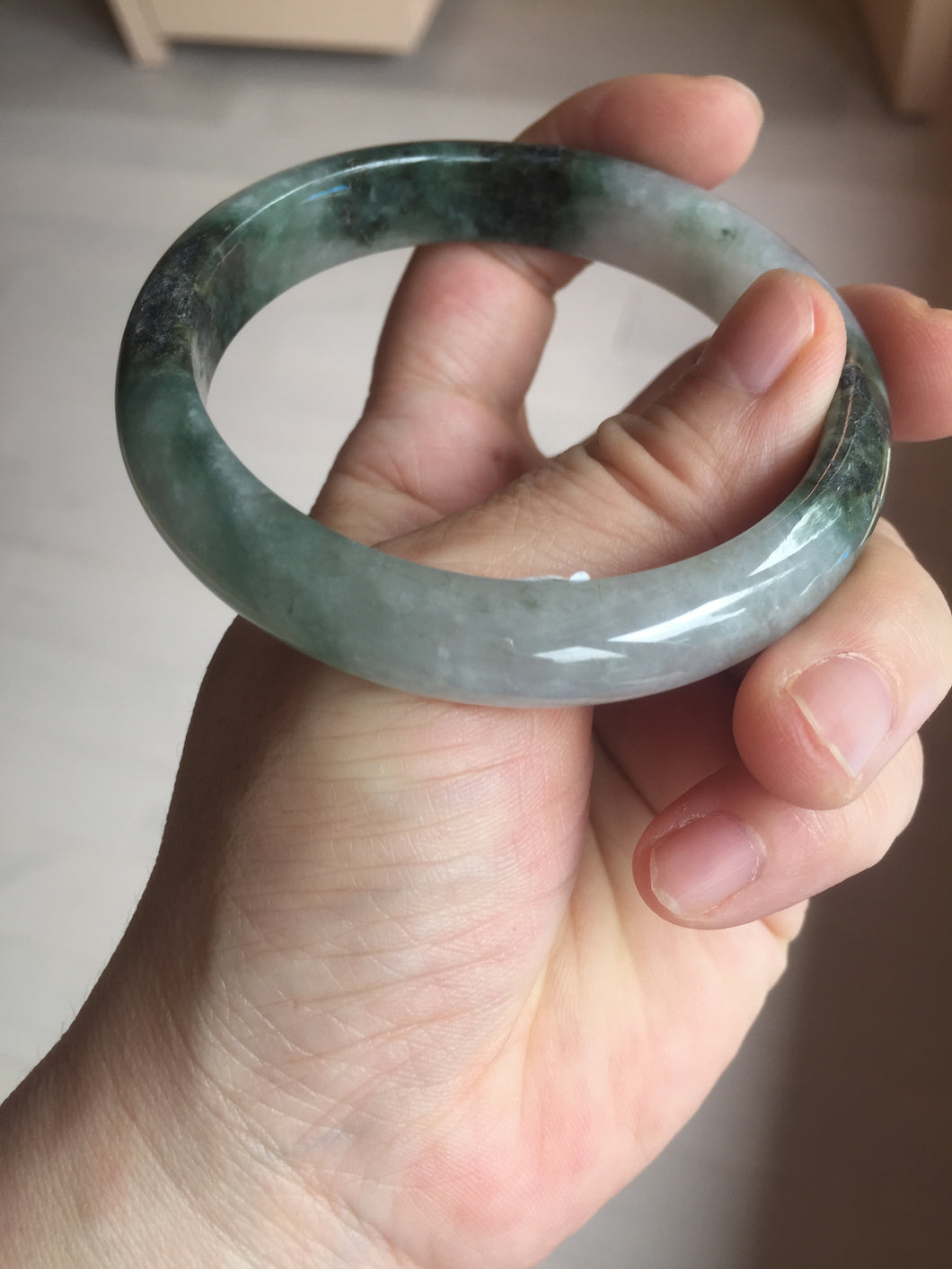 58mm Certificated icy watery dark green/black/white seaweed jadeite jade bangle S82-7077