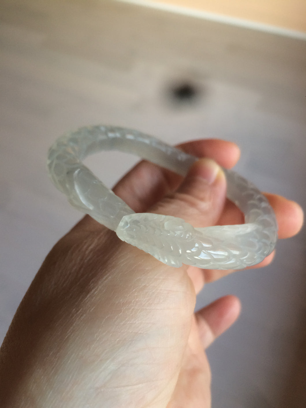 52.5mm 100% Natural icy clear/gray/black/green carved snake Xiu Jade (Serpentine) bangle XY8