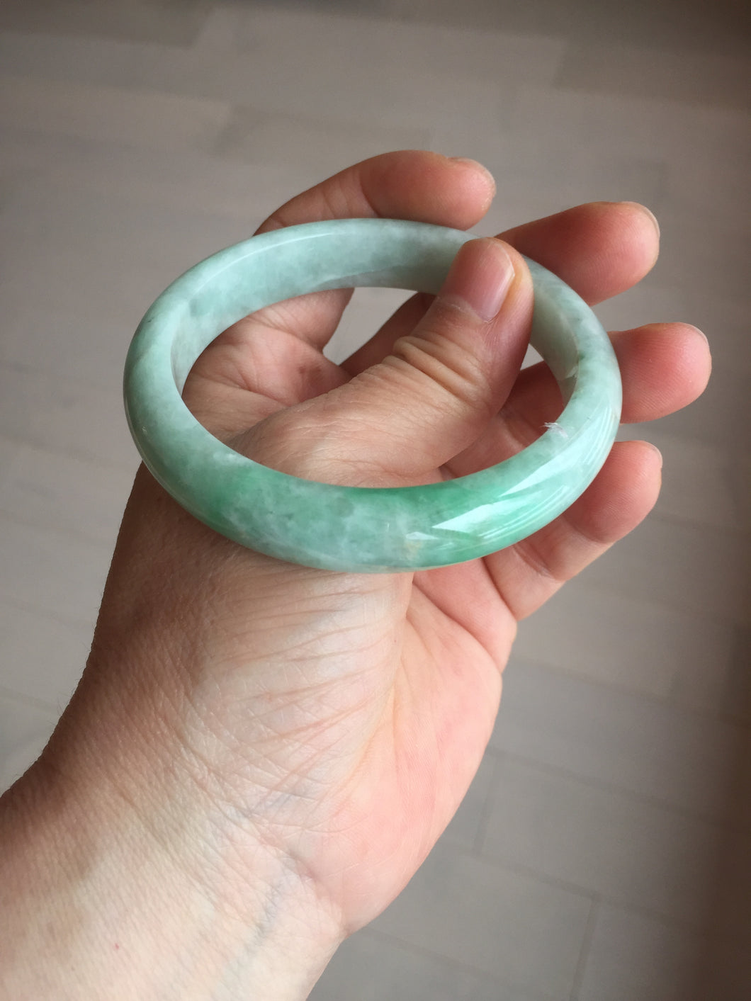 56.2mm certified Type A 100% Natural sunny green/ white Jadeite Jade bangle BS32-4439