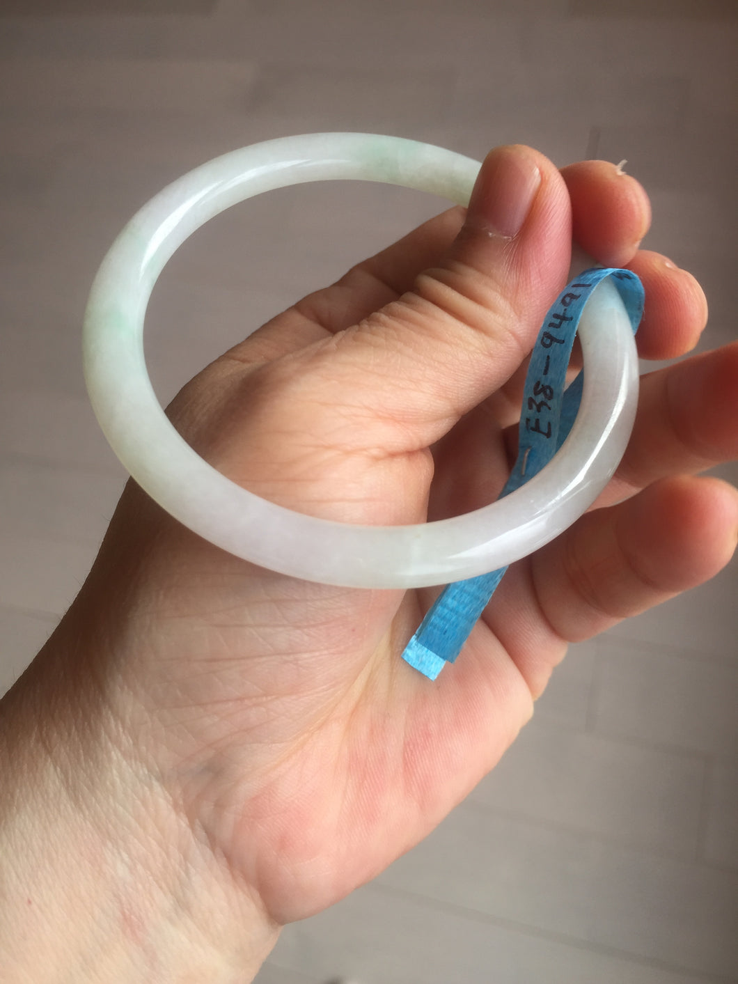 57.9mm Certified Type A 100% Natural light green/white round cut slim jadeite jade bangle E38-9491