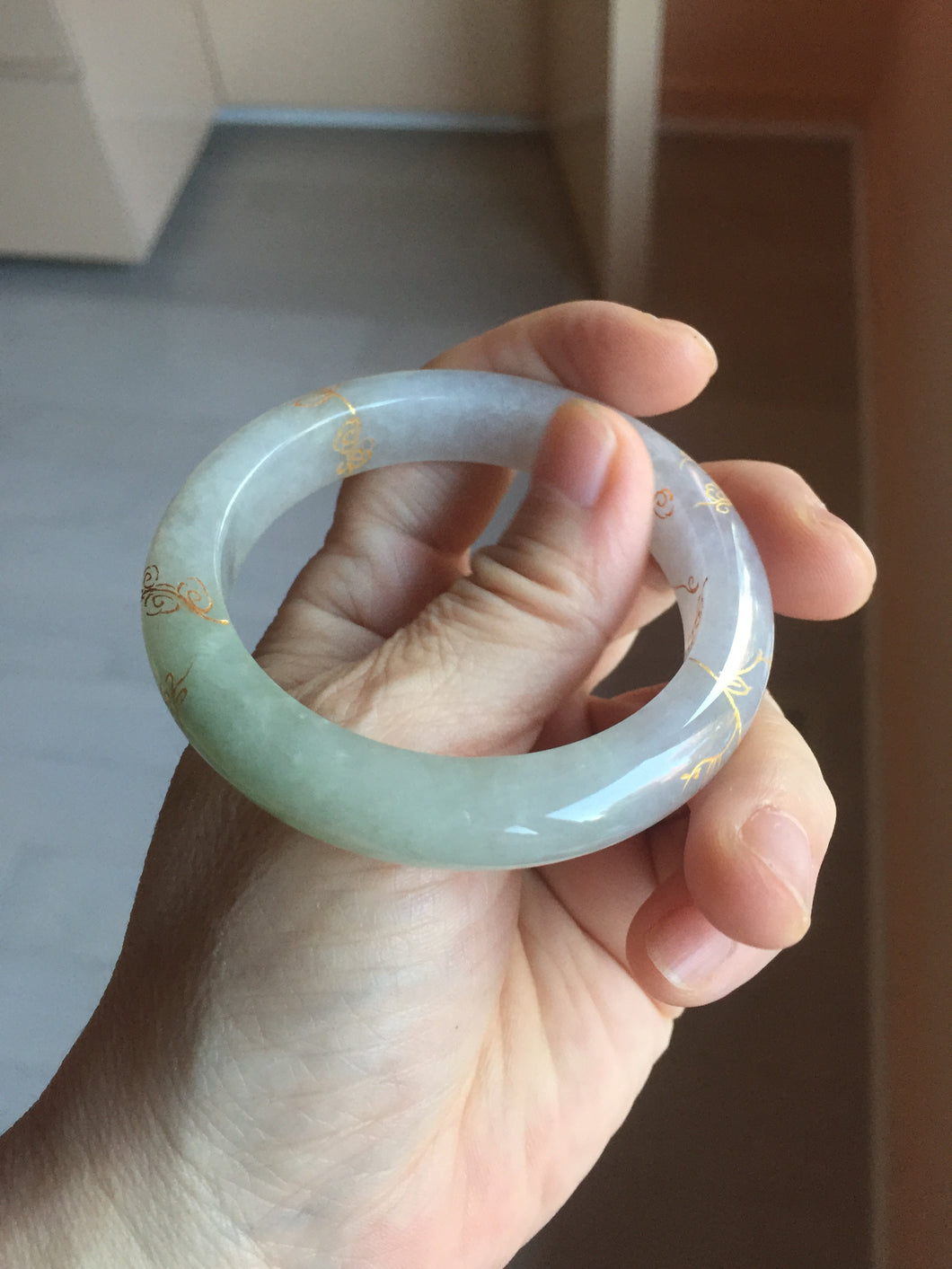 50.3.mm 100% Natural type A green purple white carved flowers and golden-painted Jadeite Jade bangle PB248-5301