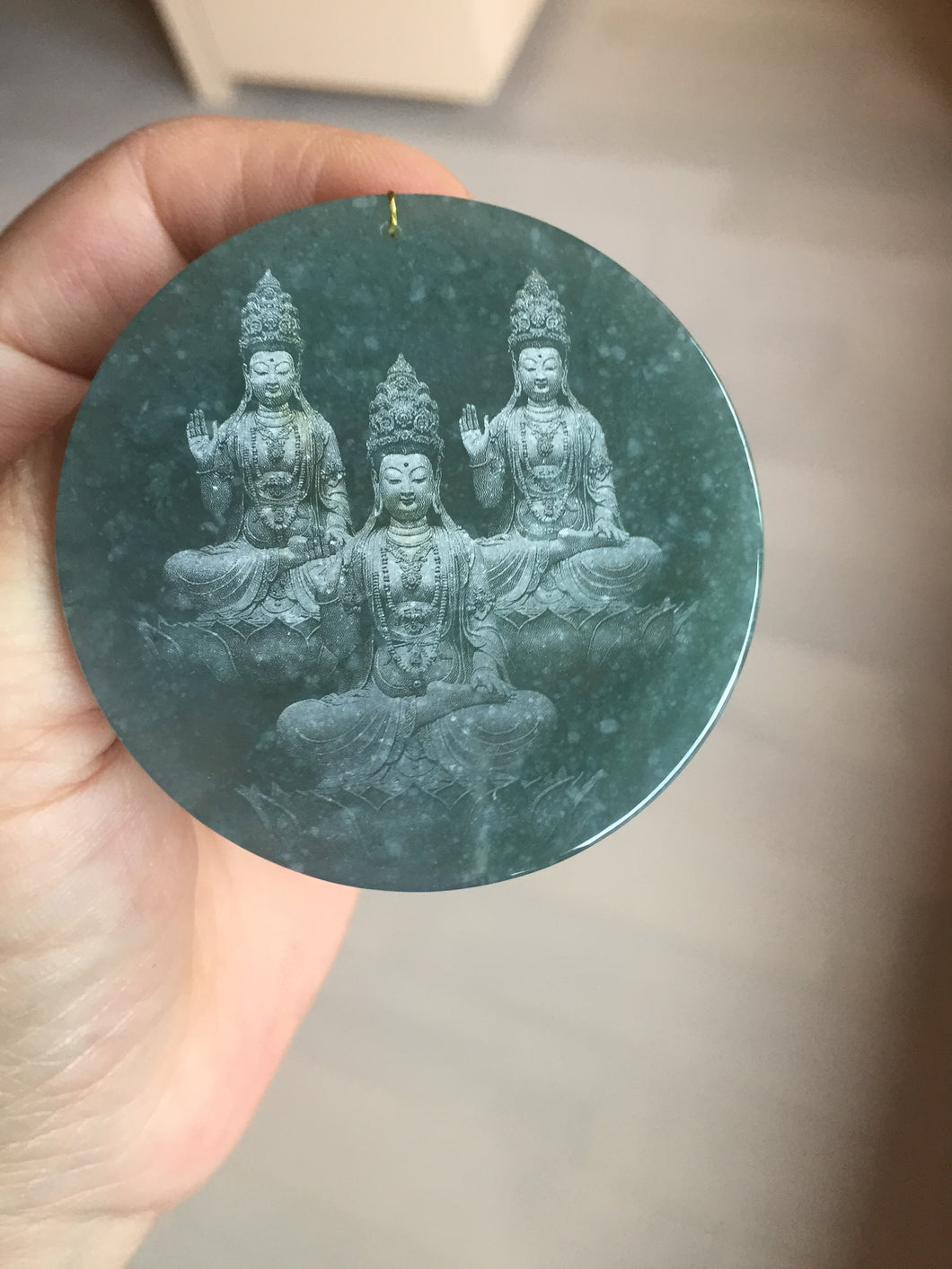 51.8mm 100% natural blue/black/gray with fly snow Guatemala  jadeite jade Guanyin (观音) safe and sound pendant/worry stone/decor BK111