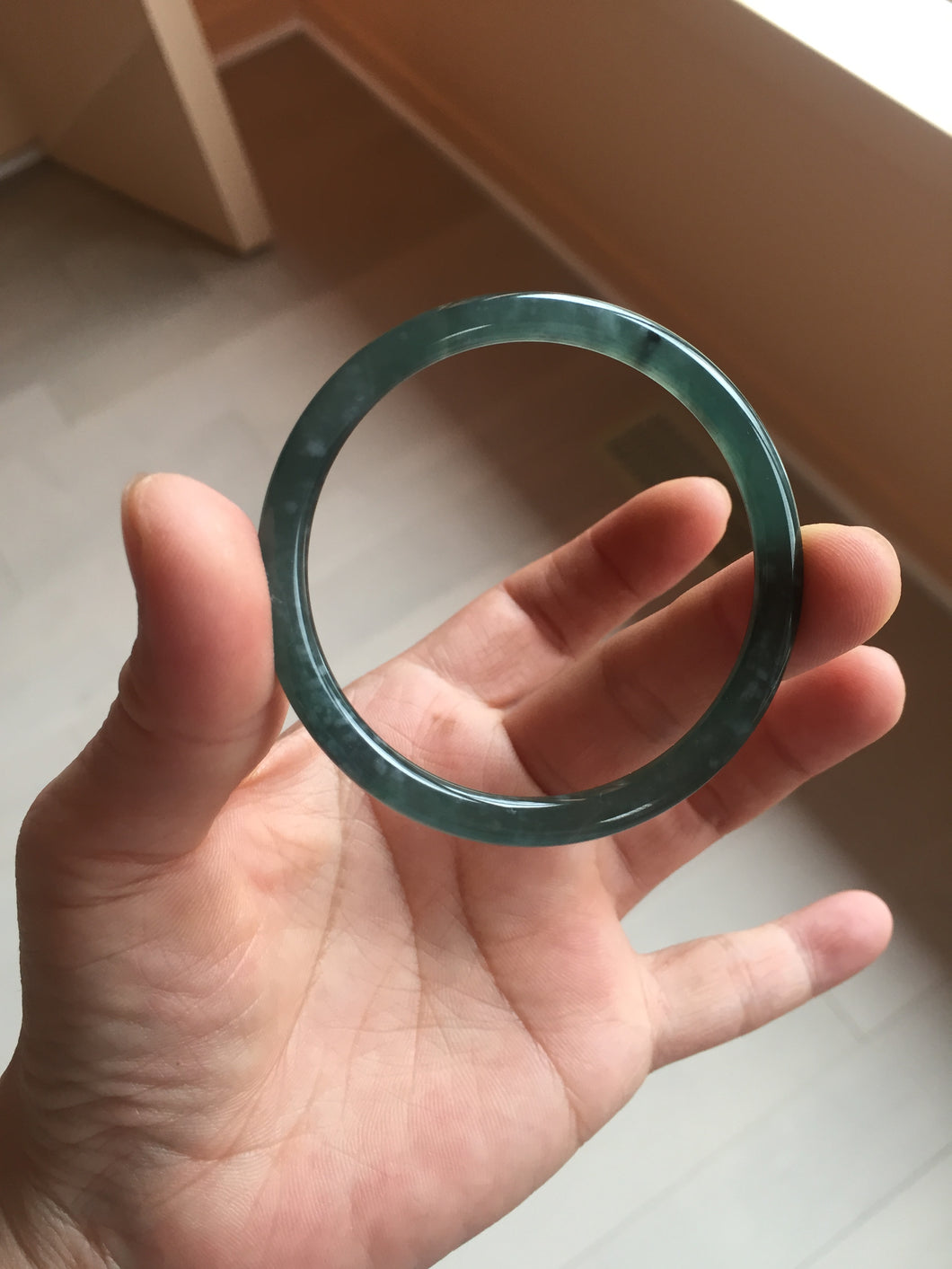 51.3mm Certified Type A 100% Natural deep sea green/gray/black with flying snow slim round cut Guatemala Jadeite bangle BM1-4455
