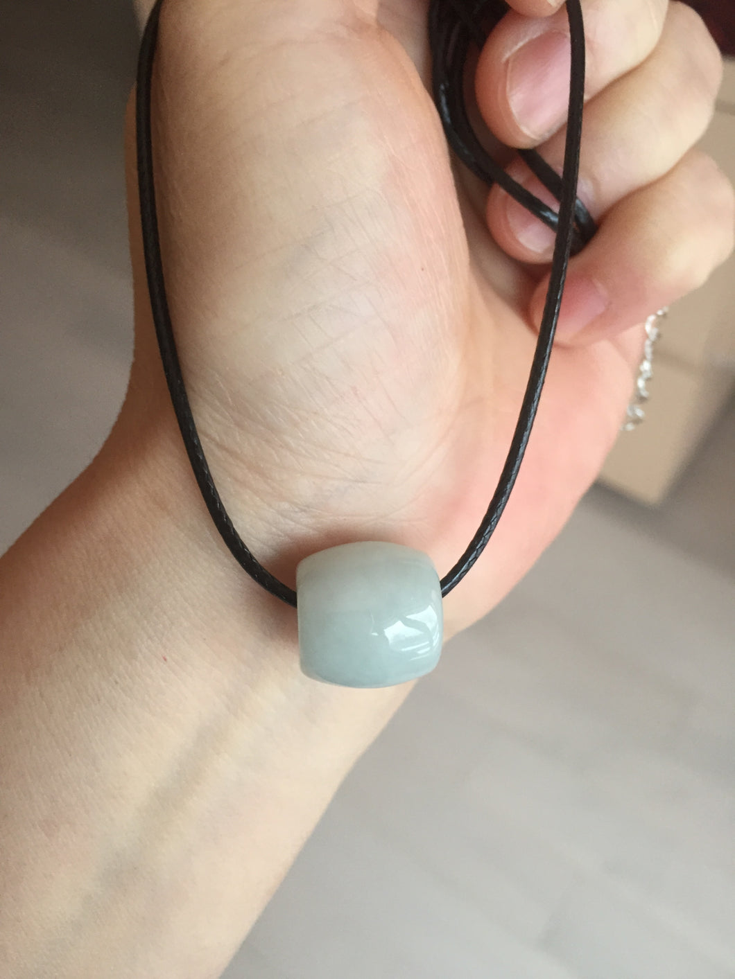 type A 100% Natural white/light green olive shape Jadeite Jade LuluTong (Every road is smooth) bead pendant BK107