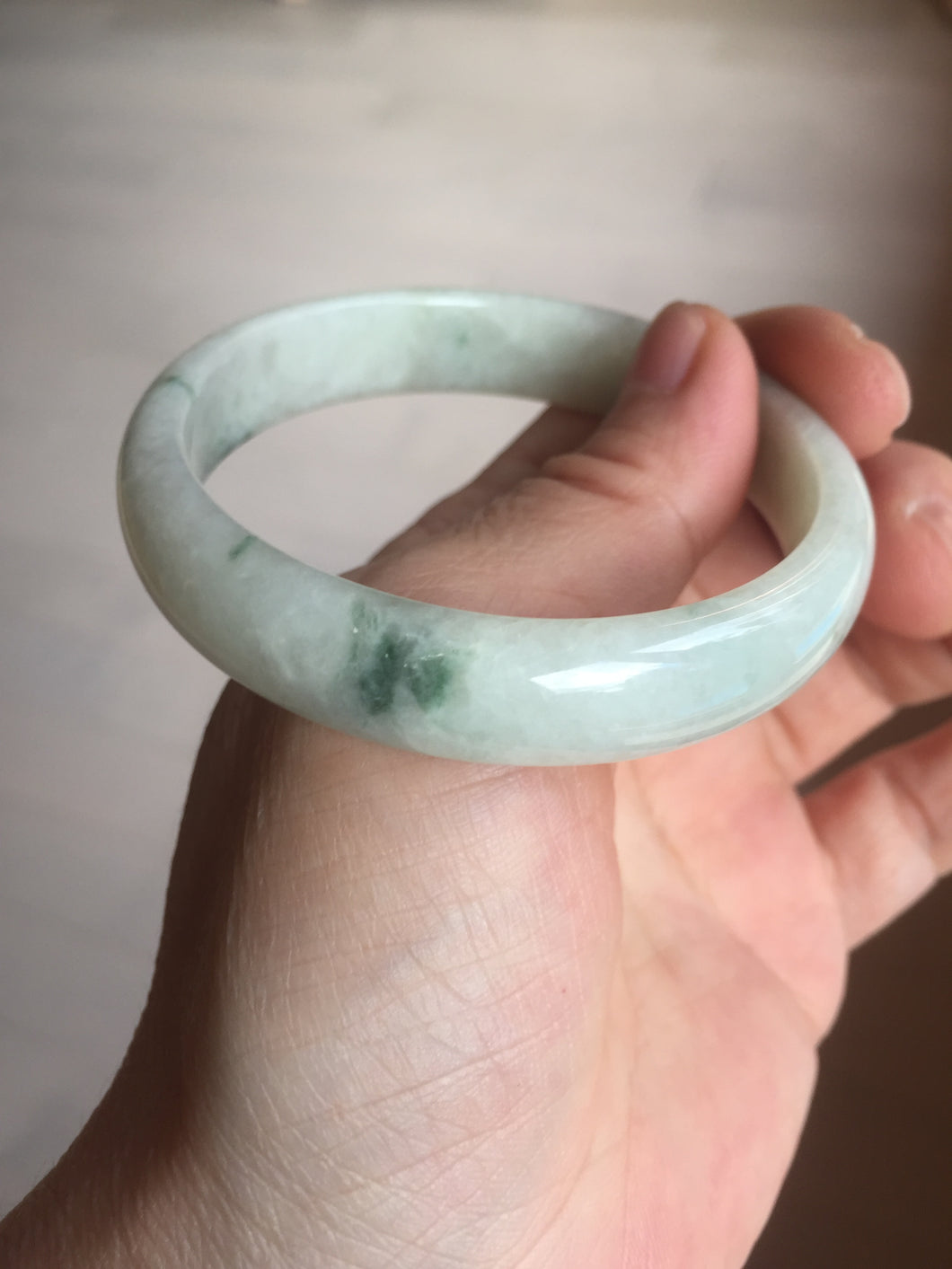 55.5mm Certified type A 100% Natural light green with green flying flowers Jadeite bangle D131-4024