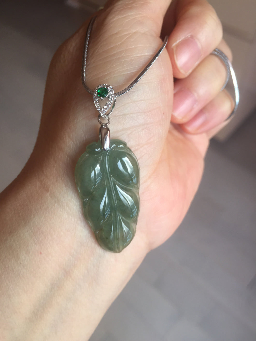 Certified type A 100% Natural icy watery dark green gray Jadeite Jade leaf pendant X137-4762