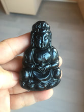 Load image into Gallery viewer, 100% Natural dark green/black jadeite jade(Mocui, 墨翠) GuanYin(观音) Pendant/handhold worry stone BL142
