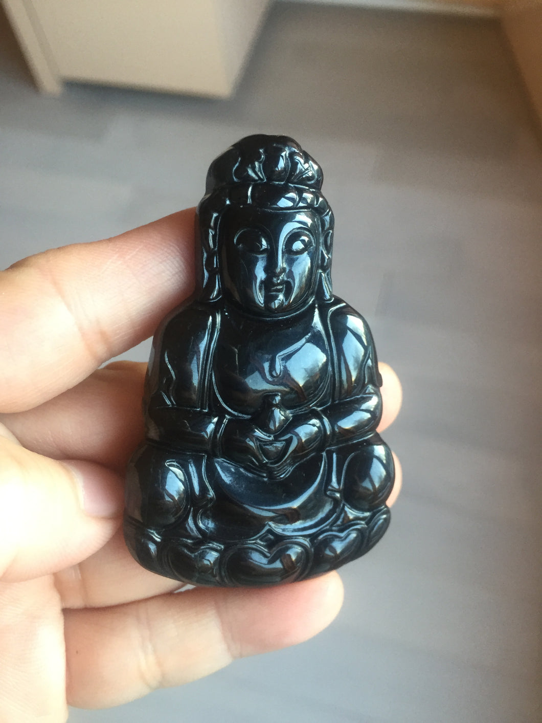 100% Natural dark green/black jadeite jade(Mocui, 墨翠) GuanYin(观音) Pendant/handhold worry stone BL142