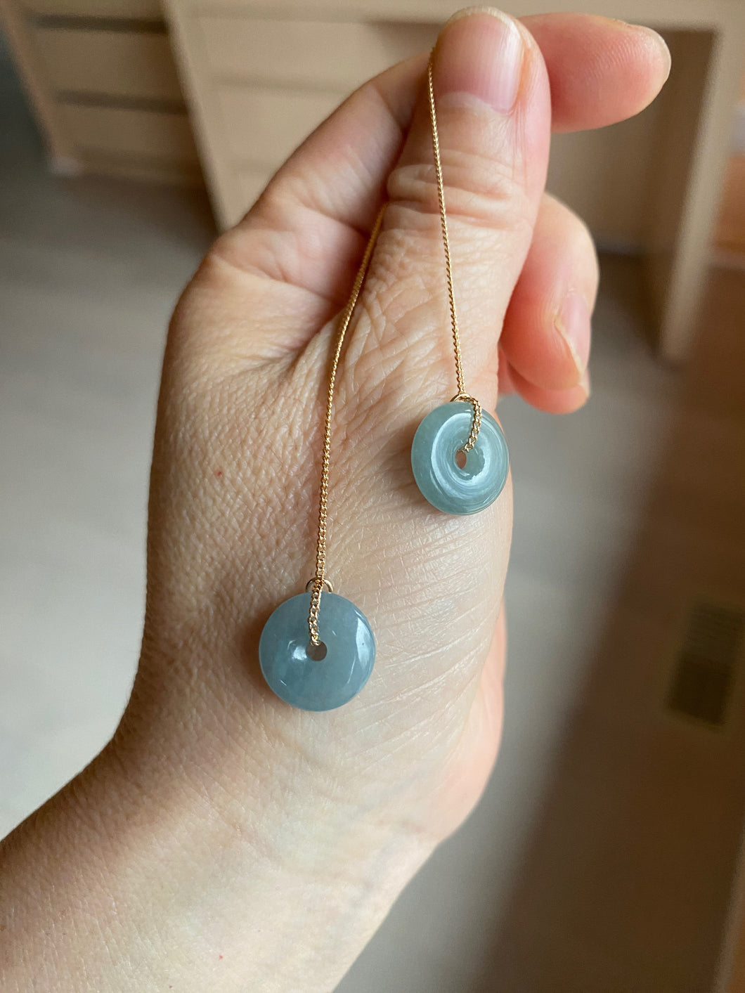 12.5mm 100% Natural blue gray green safe and sound donut button Guatemala jadeite Jade dangling earring AM76