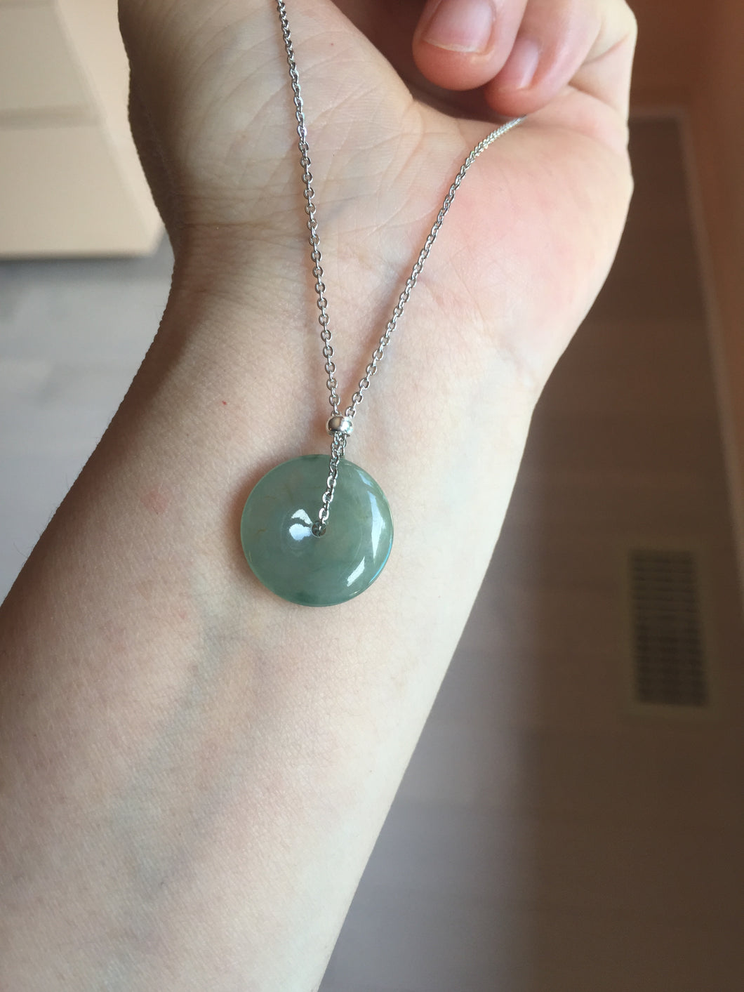 15.7mm Type A 100% Natural icy watery green Jadeite Jade Safety Guardian Button donuts Pendant PC113