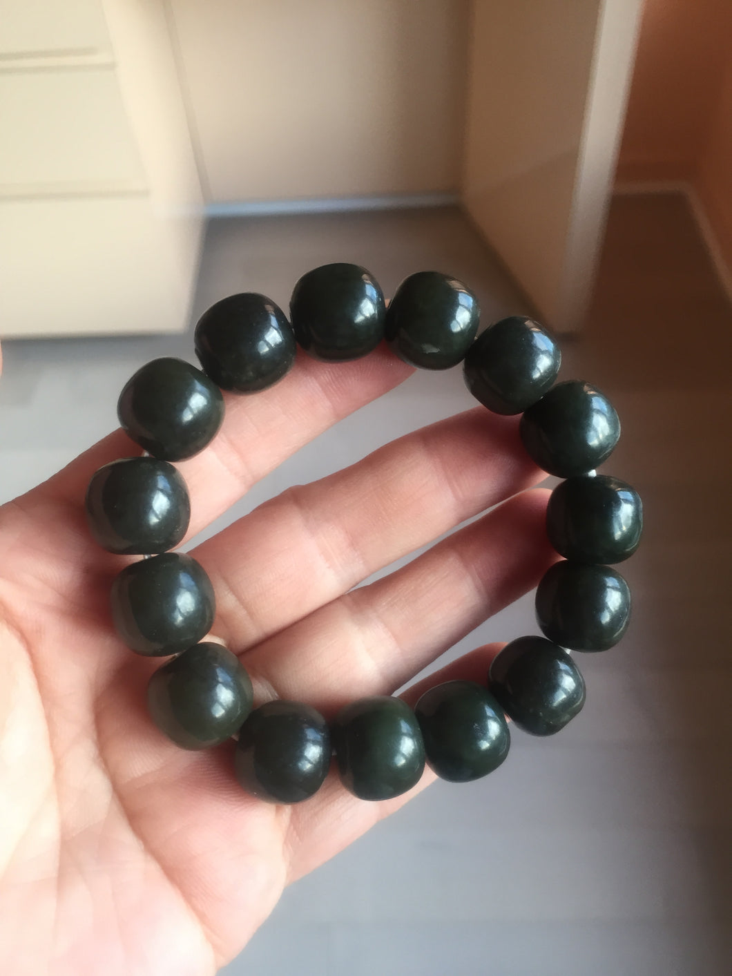 100% Natural 14x12.5mm dark green/black/brown vintage style nephrite Hetian Jade bead bracelet HE97