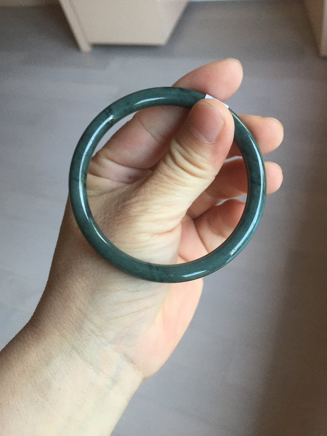 55.4mm Certified Type A 100% Natural dark green/blue/gray/black snowy Guatemala slim round cut Jadeite bangle PA82-1031