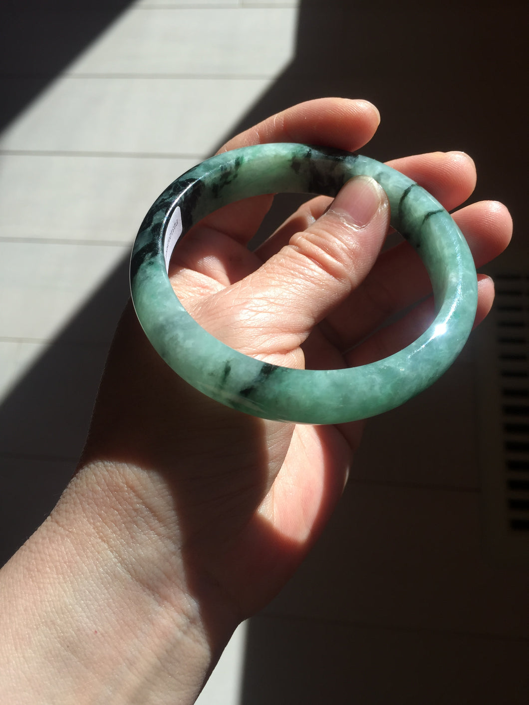 Shopify only! 59mm certified type A 100% Natural icy watery green/black Jadeite Jade bangle BM44-8566