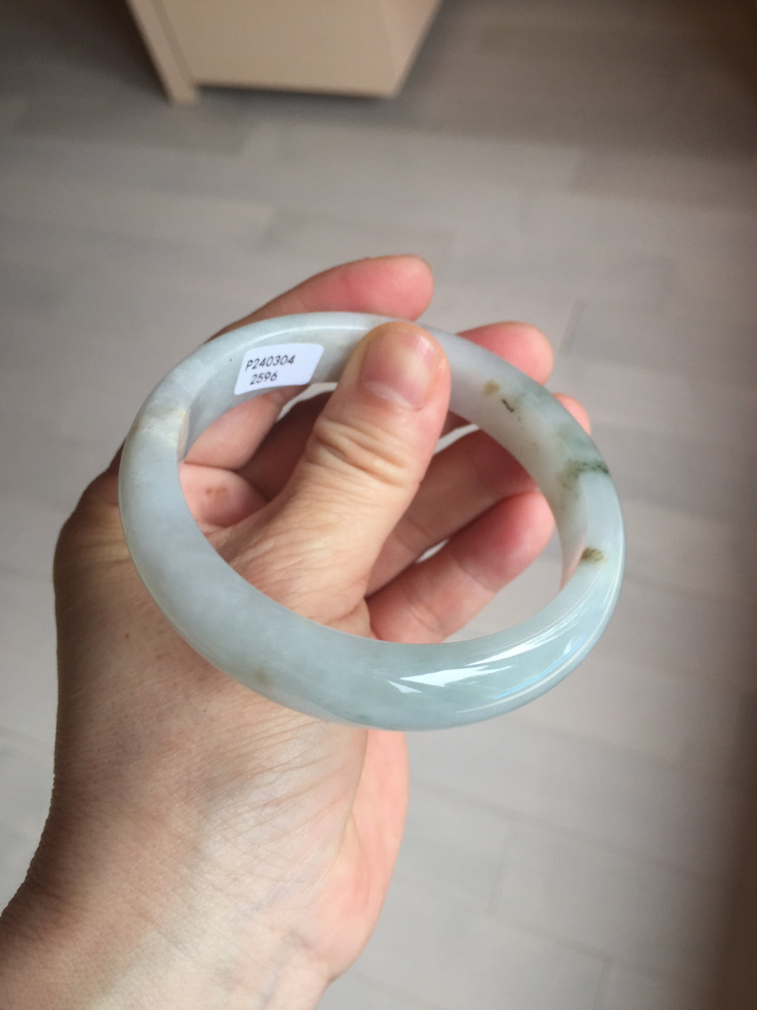 59.5mm Certified Type A 100% Natural icy watery light green blue Jadeite Jade bangle BN68-2596