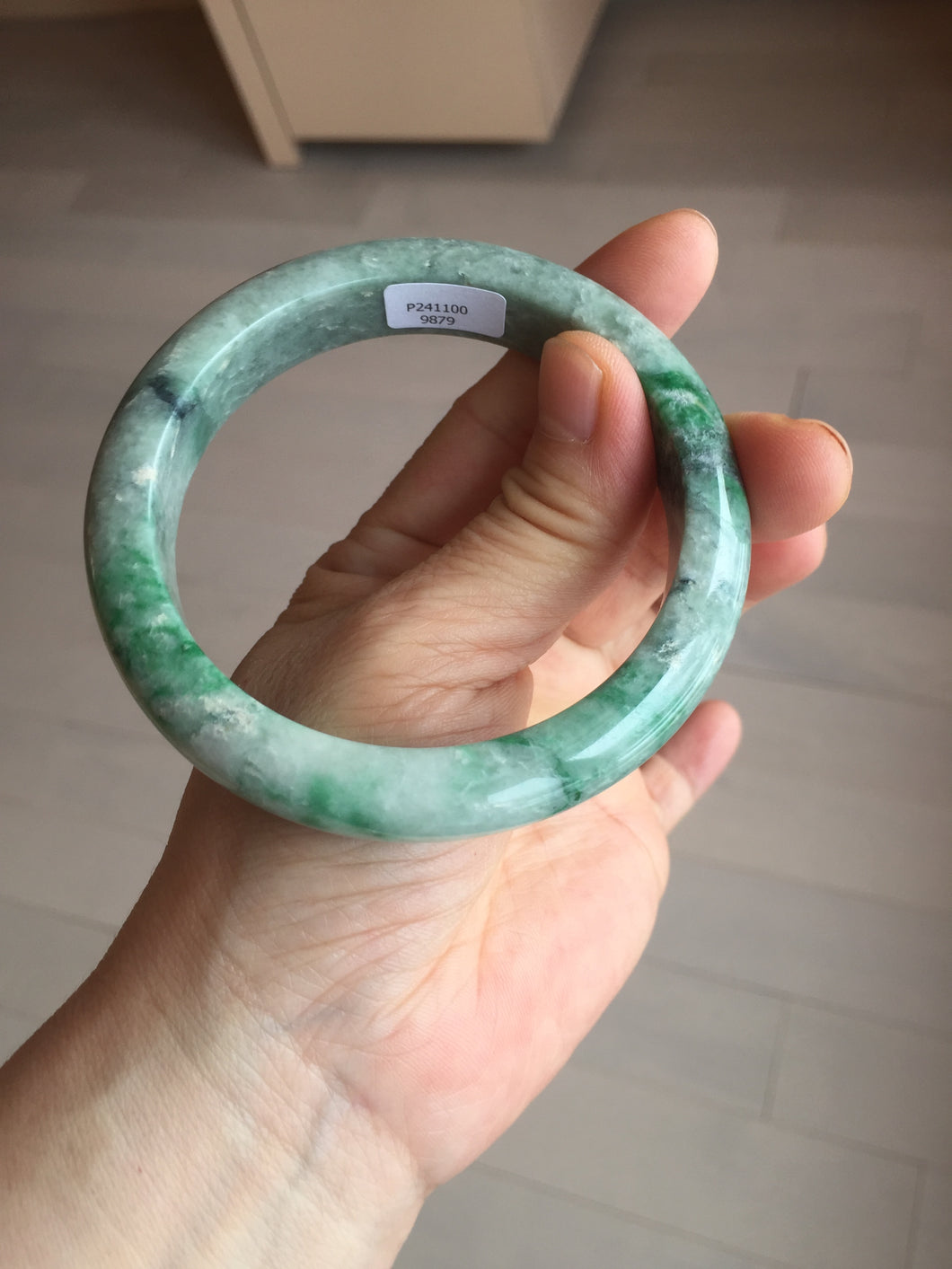 60.5mm certified Type A 100% Natural sunny green gray black Jadeite Jade bangle BS82-9879