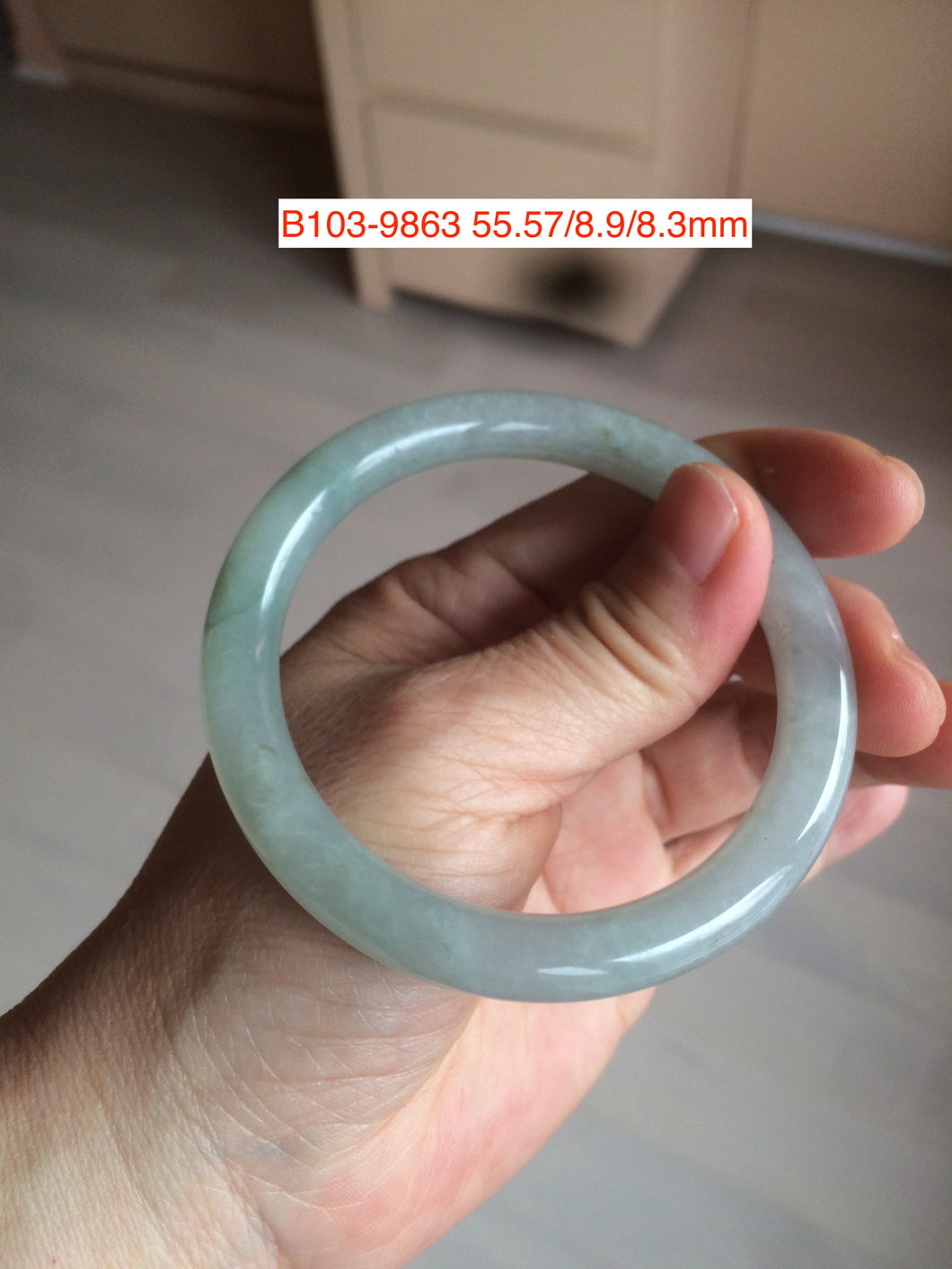 55.5mm certified 100% natural light green/white/gray round cut jadeite jade bangle B103-9863