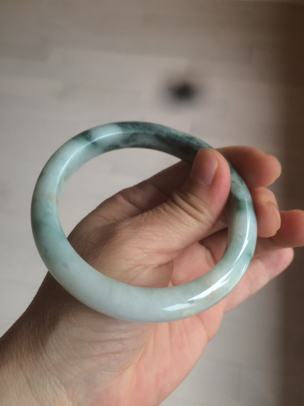 59mm Certified type A 100%  Natural green/white/brown with green floating flowers slim Jadeite bangle AZ34-4364