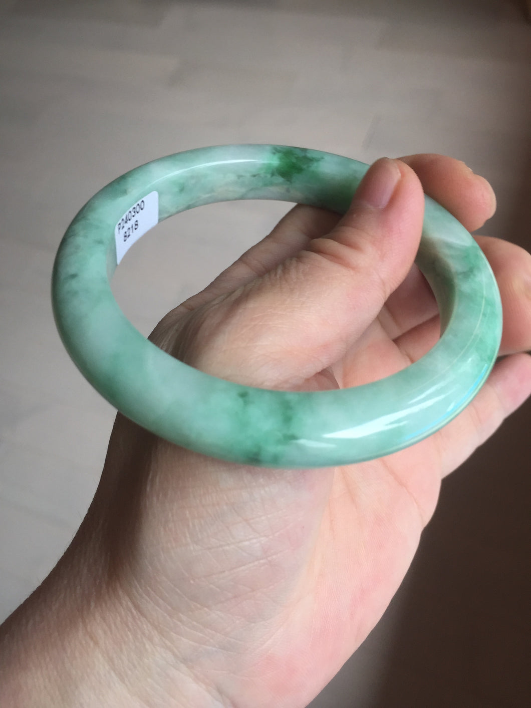 60.5mm certified type A 100% Natural sunny green/white Jadeite Jade bangle B115-8218