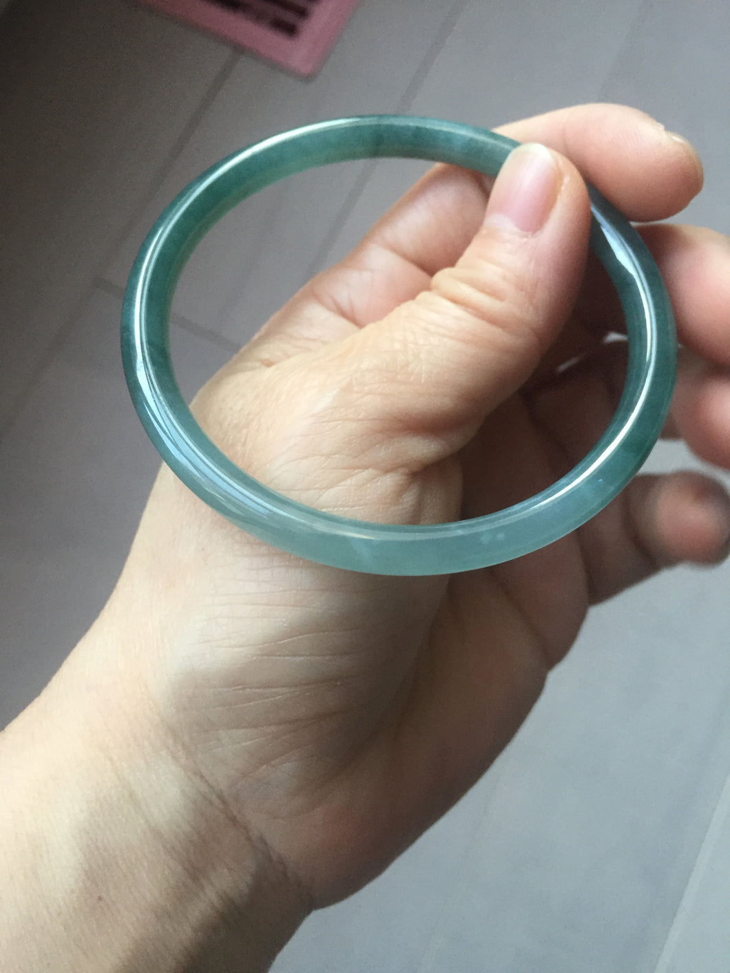 59.5mm Certified Type A 100% Natural icy watery deep sea dark green/blue/gray slim round cut Guatemala Jadeite bangle X147-2098