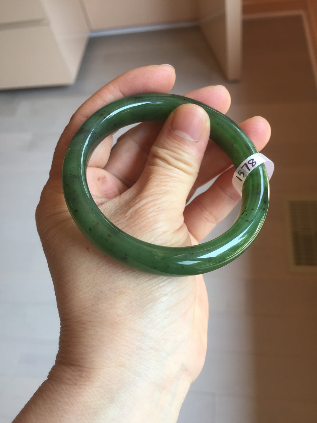 55.5mm certified 100% Natural dark green black (碧玉) kiwi nephrite Jade bangle HF123-1578