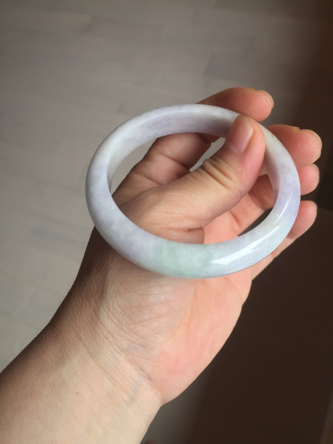 57.5mm certified Type A 100% Natural light green purple white slim Jadeite Jade bangle BQ72-4938