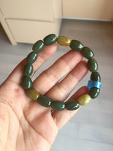 Load image into Gallery viewer, 100% Natural 12x9mm green/yellow olives shape seed material (河磨玉，和田玉籽料) Hetian Jade bead bracelet group HE92
