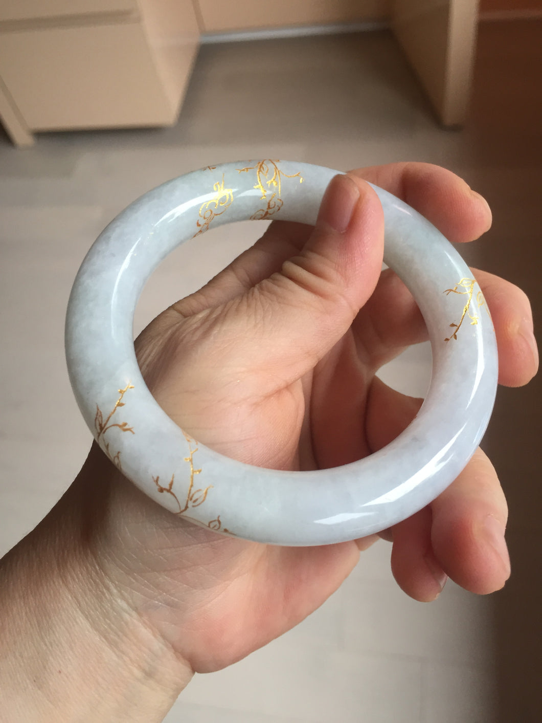 59.2mm Certified 100% Natural type A light green/purple carved and golden-painted chubby round cut Jadeite Jade bangle PA167-4923
