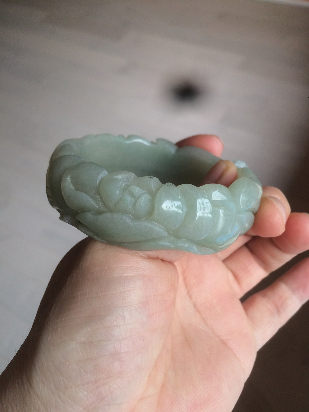 53mm 100% natural light green/gray Quartzite (Shetaicui jade) 3D carved Magpie and Peony bangle XY62