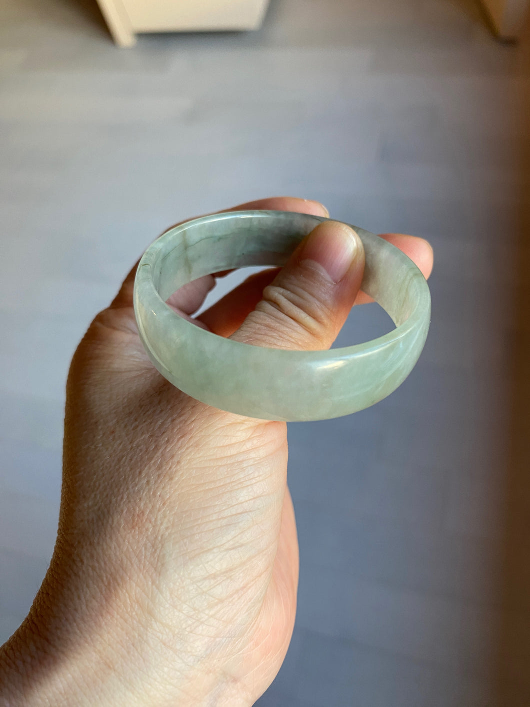 49.5mm Certified Type A 100% Natural icy watery light green/gray/black thin Jadeite Jade bangle AY79-3208