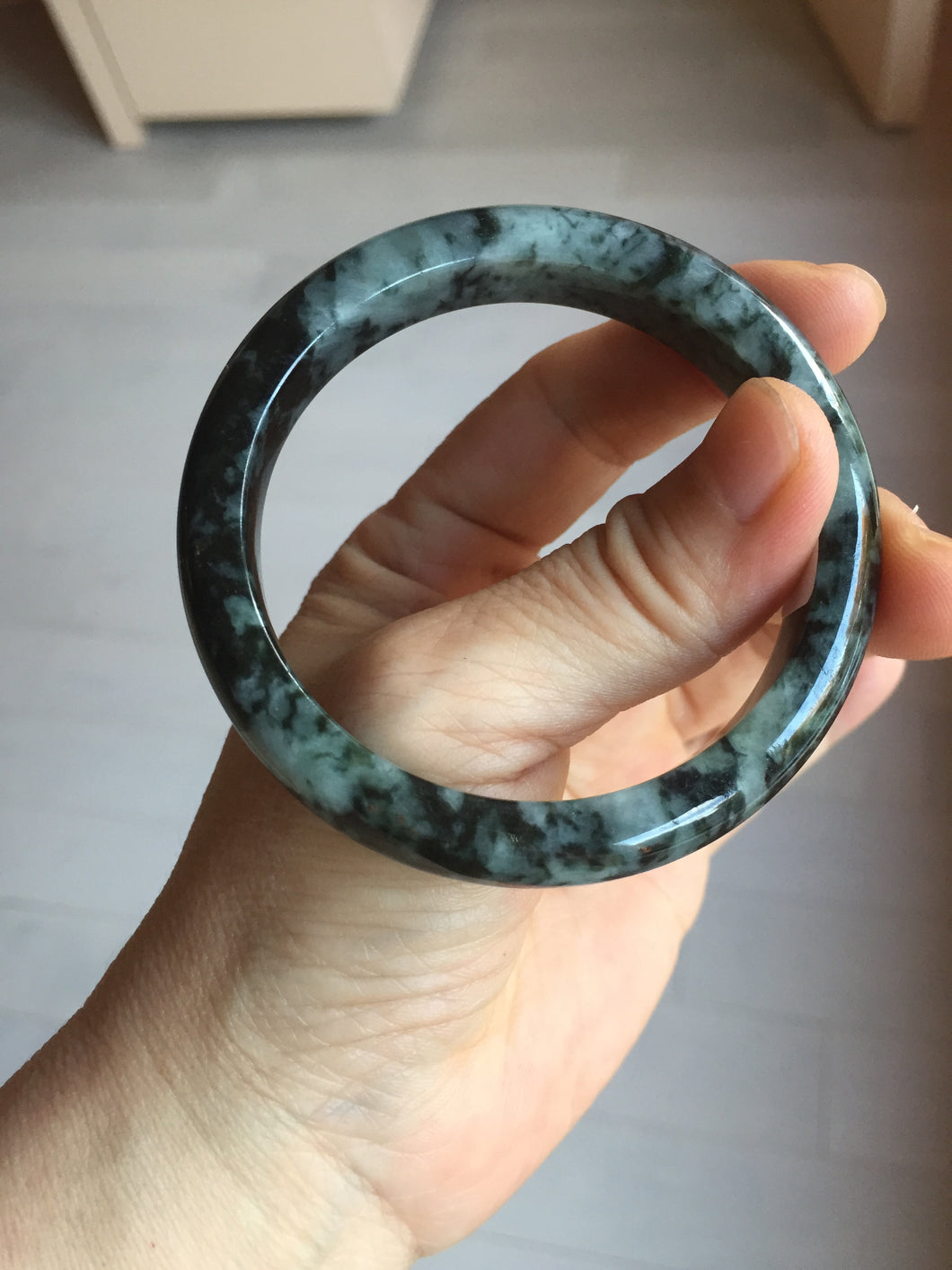55mm Certified Type A 100% Natural dark green black/white (black water and white mountains,白山黑水) Jadeite bangle PD140-6240