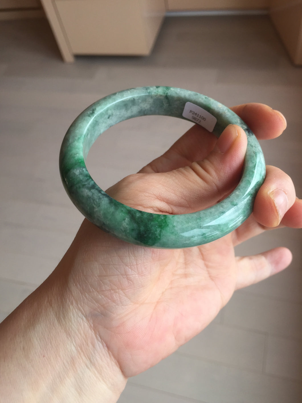 60.5mm certified Type A 100% Natural sunny green gray black Jadeite Jade bangle BS81-9872