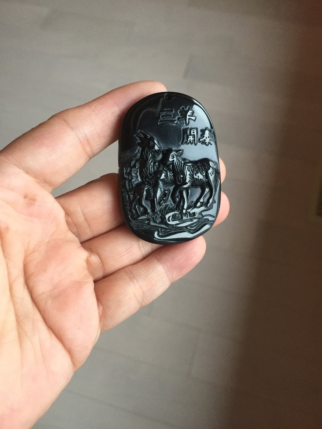 100% Natural dark green/black jadeite jade(Mocui, 墨翠) three sheep Pendant/handhold worry stone BL129