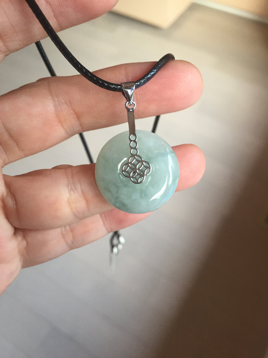 22.9mm Type A 100% Natural white with green floating flowers Jadeite Safety Guardian Button donuts pendant PD13