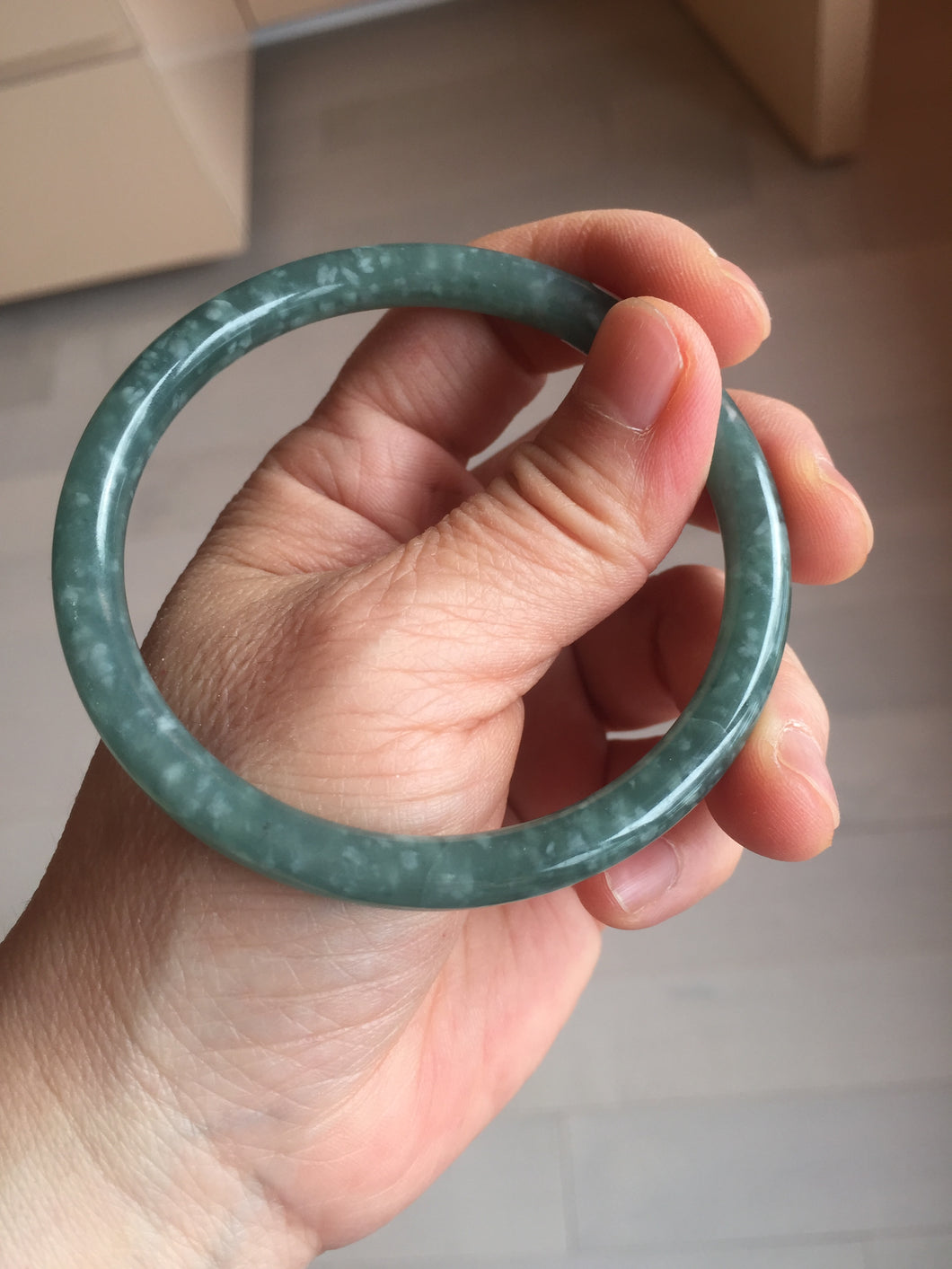 Shopify only! 59.6mm Certified Type A 100% Natural icy watery deep sea dark green/blue/gray with fly snow slim round cut Guatemala Jadeite bangle AU58-8435