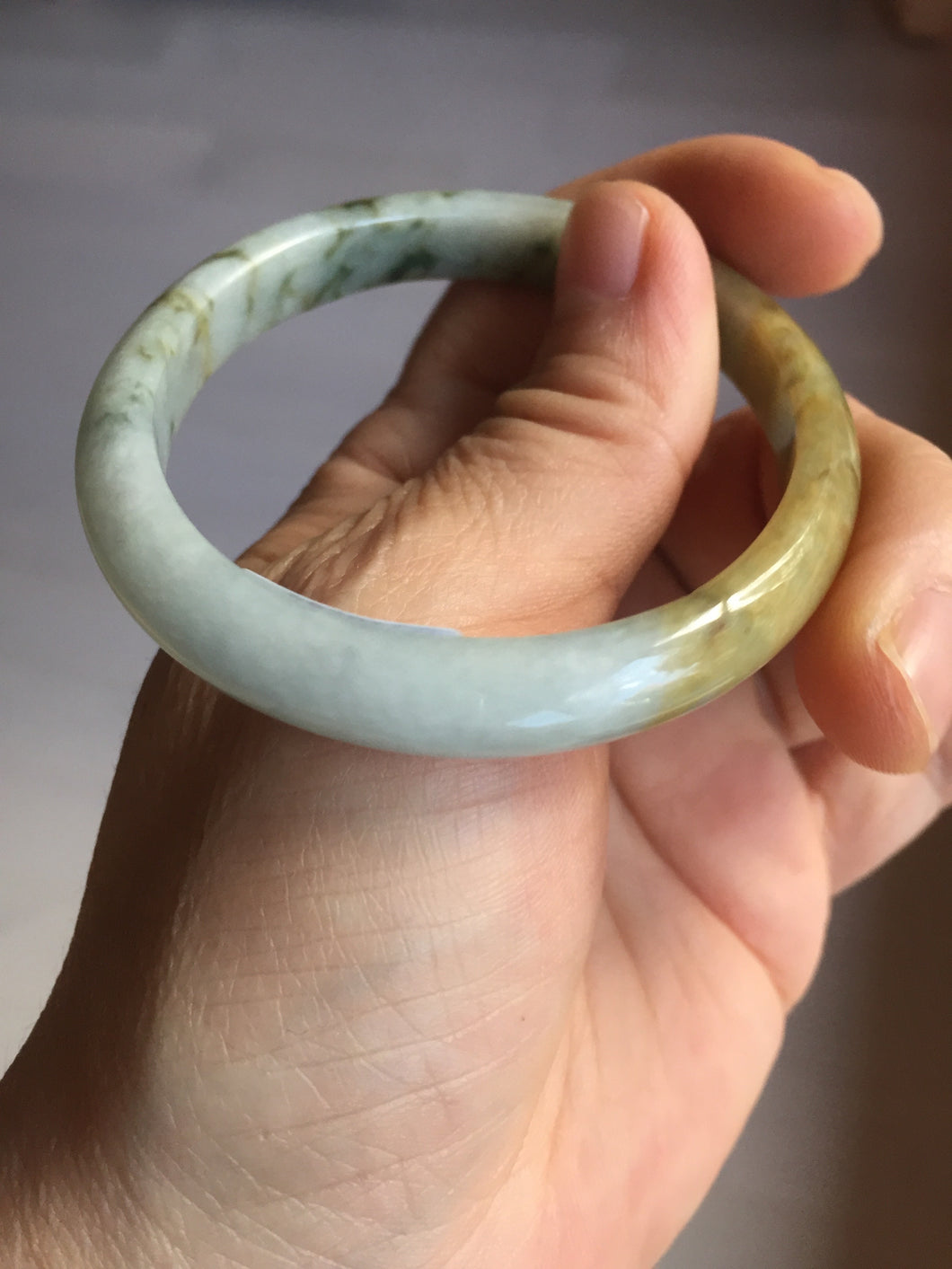 52mm certified Type A 100% Natural light green yellow brown autumn colors slim oval Jadeite Jade bangle Q140-4074