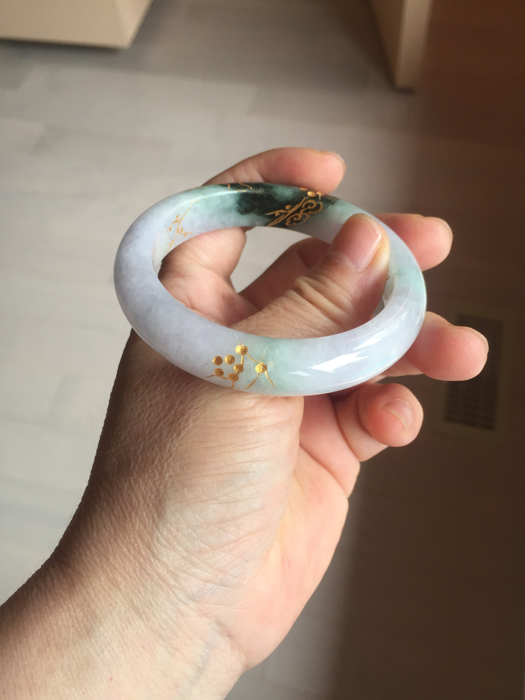 54mm 100% Natural type A dark green purple white carved plum bossom and golden-painted Jadeite Jade bangle BP166-0266