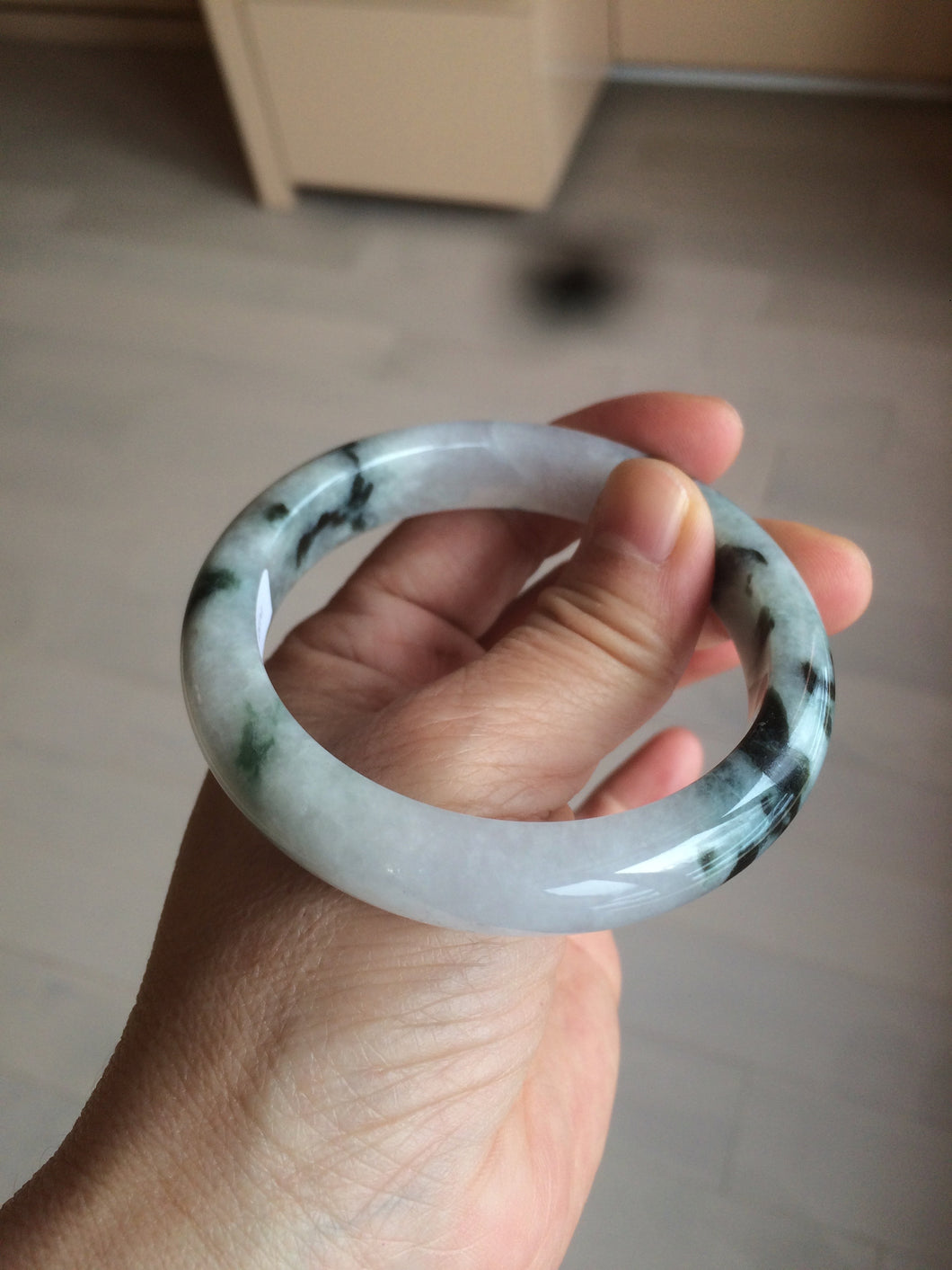 55.5mm certified type A 100% Natural icy watery green/white with green floating flowers jadeite jade bangle B109-2335