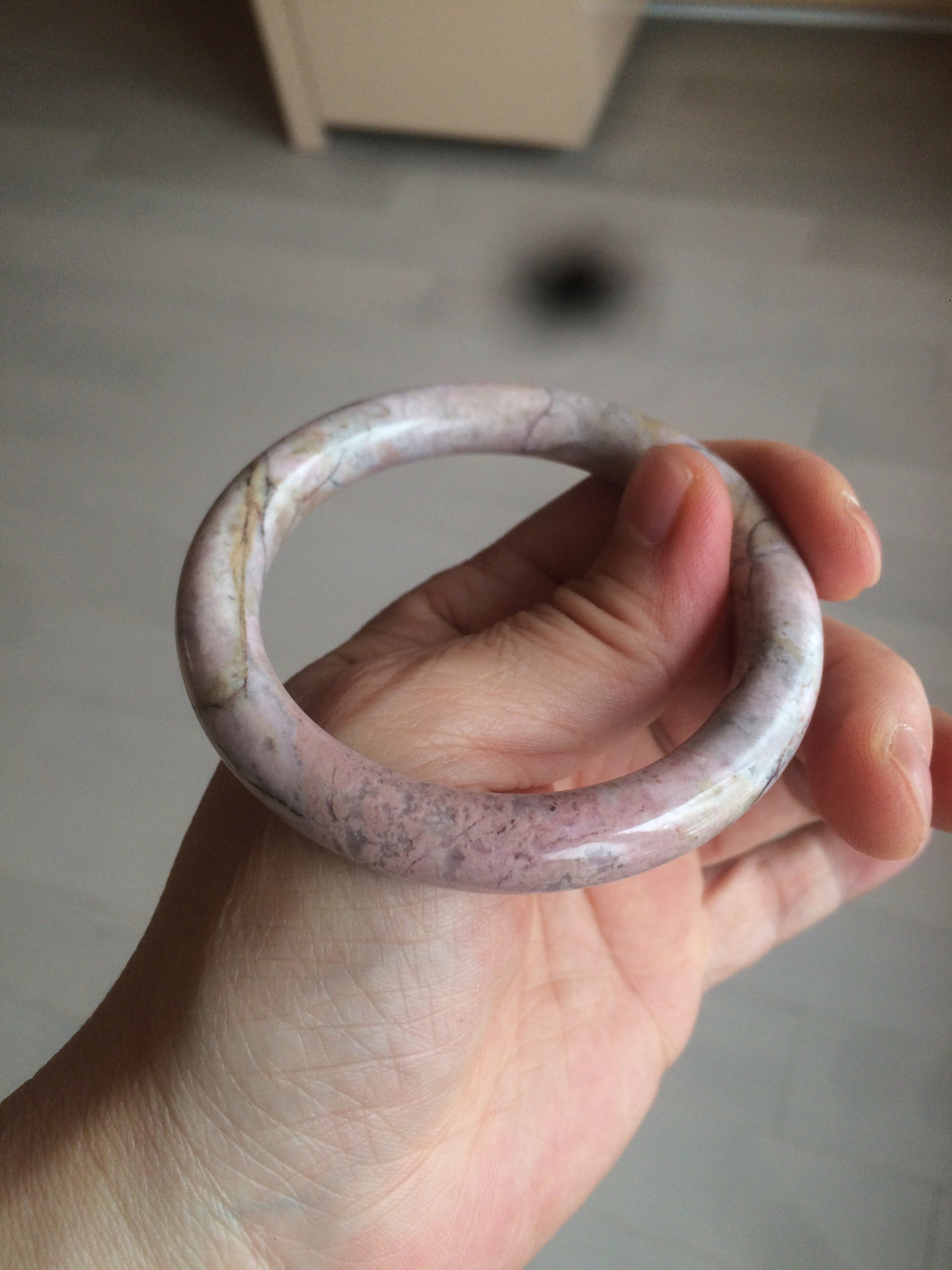 52.2mm 100% natural fresh light pink/gray round cut rose stone (Rhodonite)bangle SY42