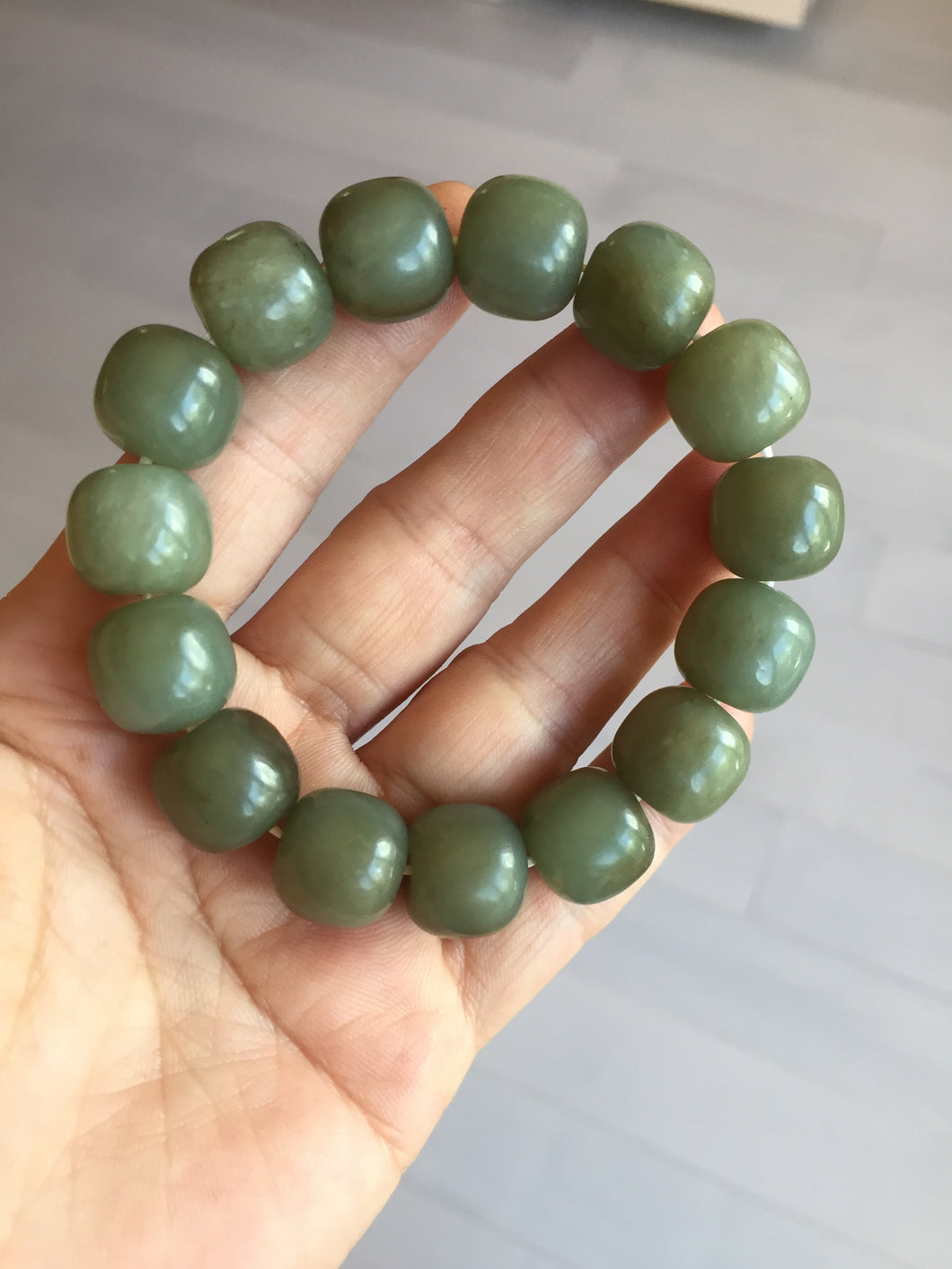 100% Natural 13.8x12.5mm dark green/gray/brown vintage style nephrite Hetian Jade bead bracelet HF76