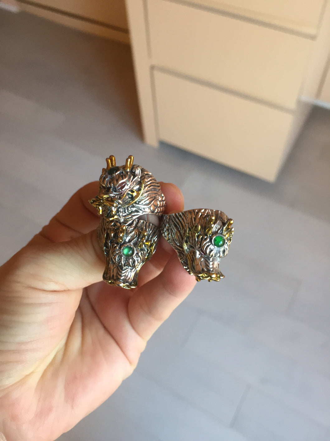100% natural type A icy watery green  jadeite with metal base Dragon Guardian Ring or thumb ring PD192