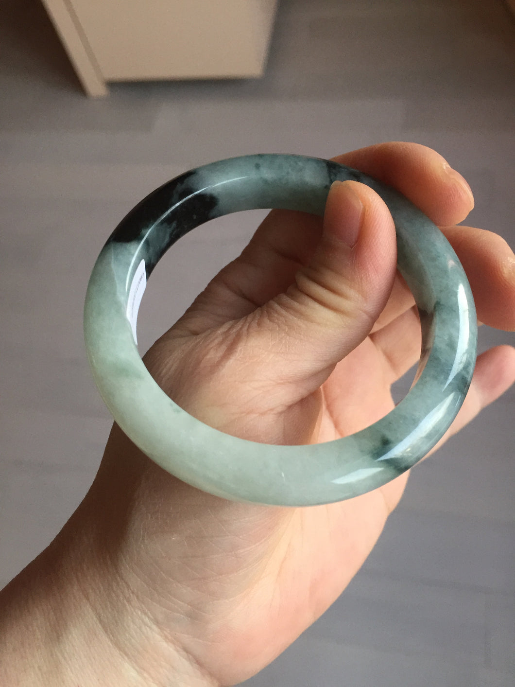 56mm Certified Type A 100% Natural icy watery dark green/white//black Jadeite Jade bangle BL61-8578