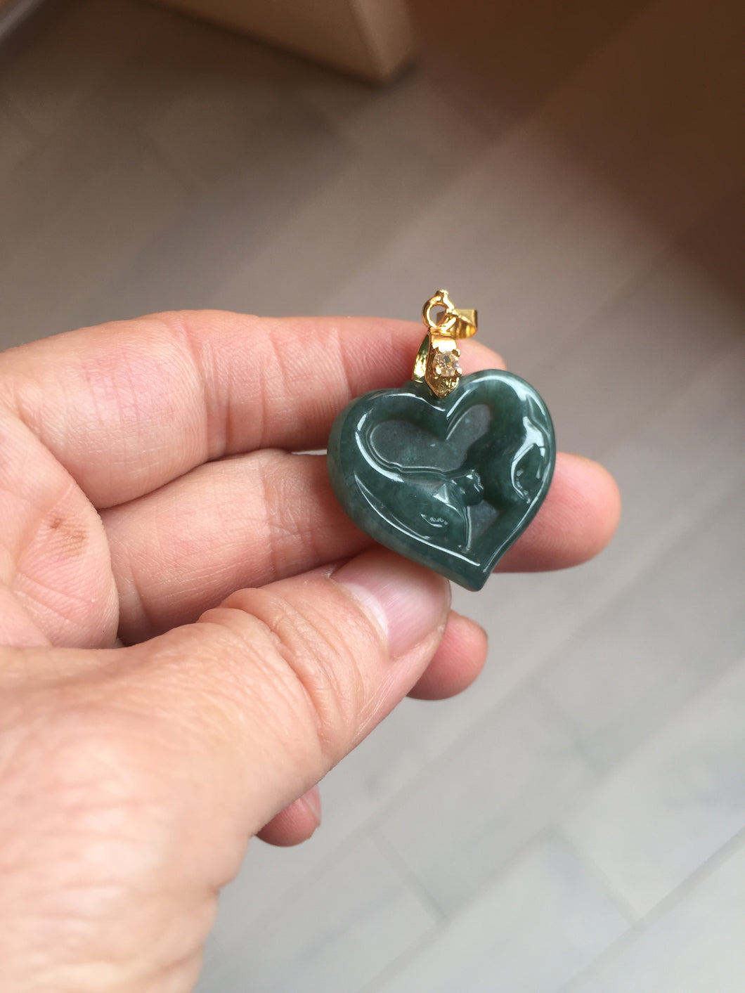 100% Natural type A dark green/blue/black heart pinky promise(执子之手，与子偕老) Guatemala jadeite Jade pendant AX143