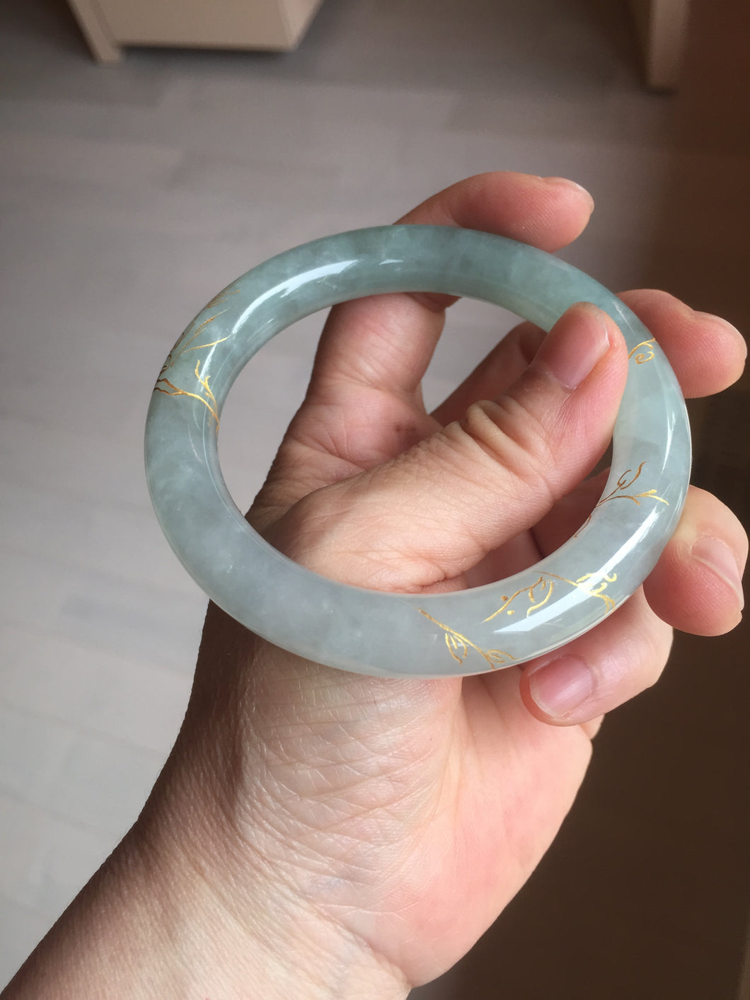 55.5mm 100% Natural type A icy watery green/blue carved and golden-painted chubby round cut Jadeite Jade bangle PC74