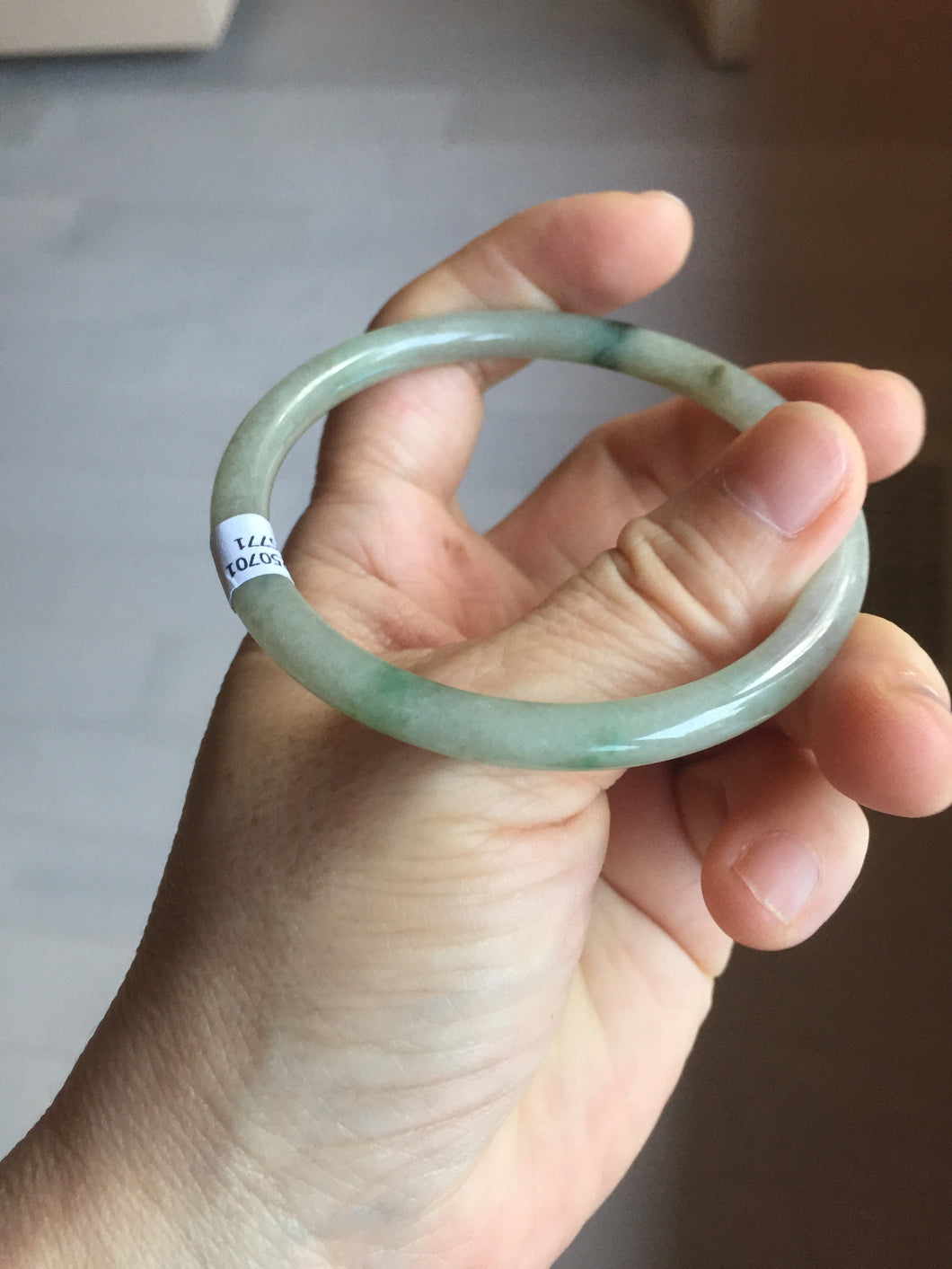 56mm Certified Type A 100% Natural sunny green/black/gray with dark green floating flowers slim round cut Jadeite bangle PD78-5771