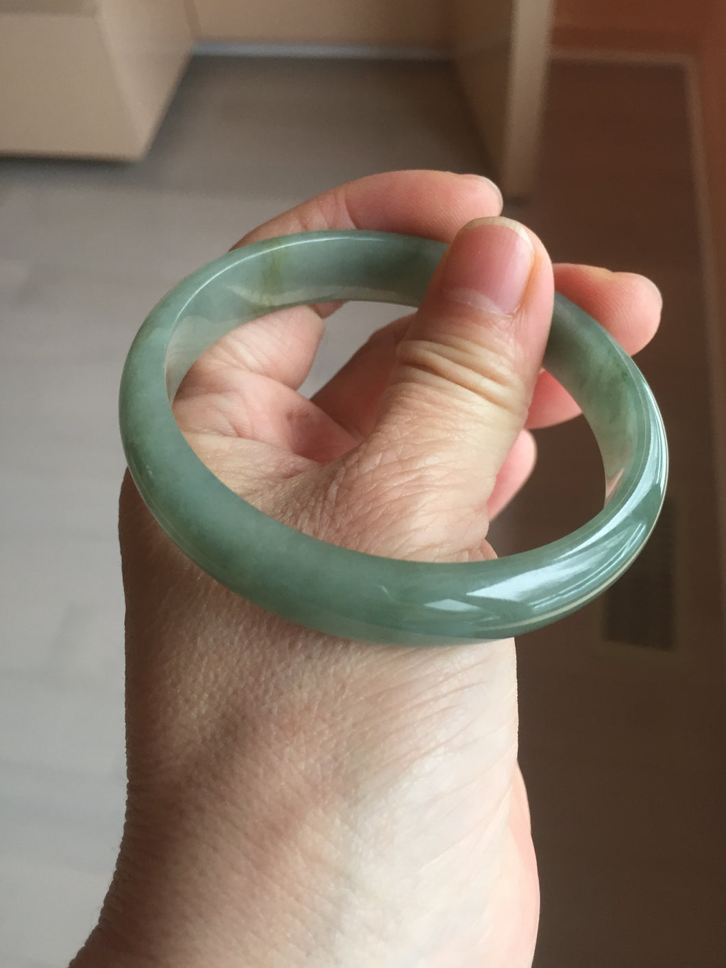 57.6mm certificated Type A 100% Natural oily dark green/gray Jadeite Jade bangle AJ77-8579