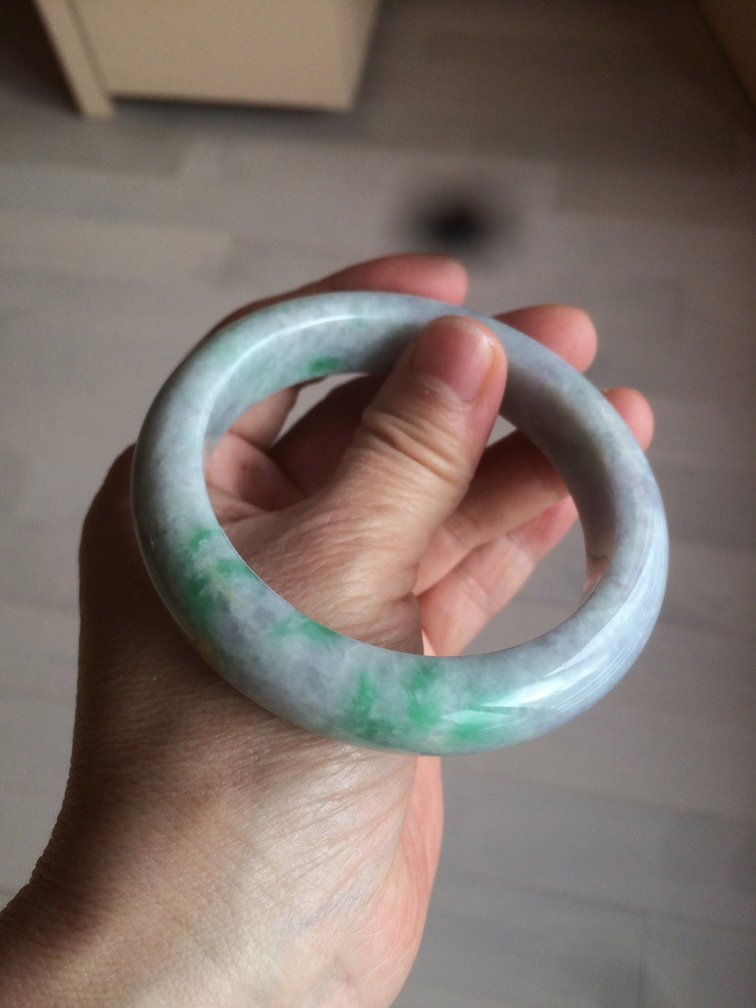 58.3mm Certified 100% natural Type A sunny green/purple/yellow(Fu Lu Shou) chubby jadeite jade bangle AK55-1188