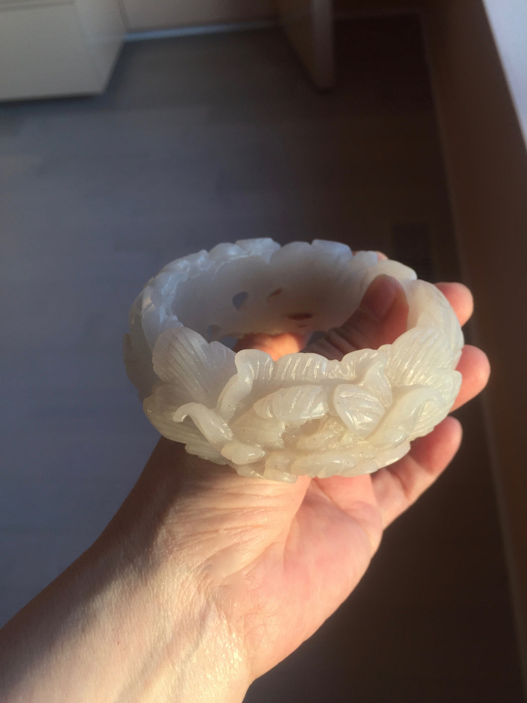 60mm 100% natural white gray carved Peony and flowers Quartzite (Shetaicui jade) bangle SY109